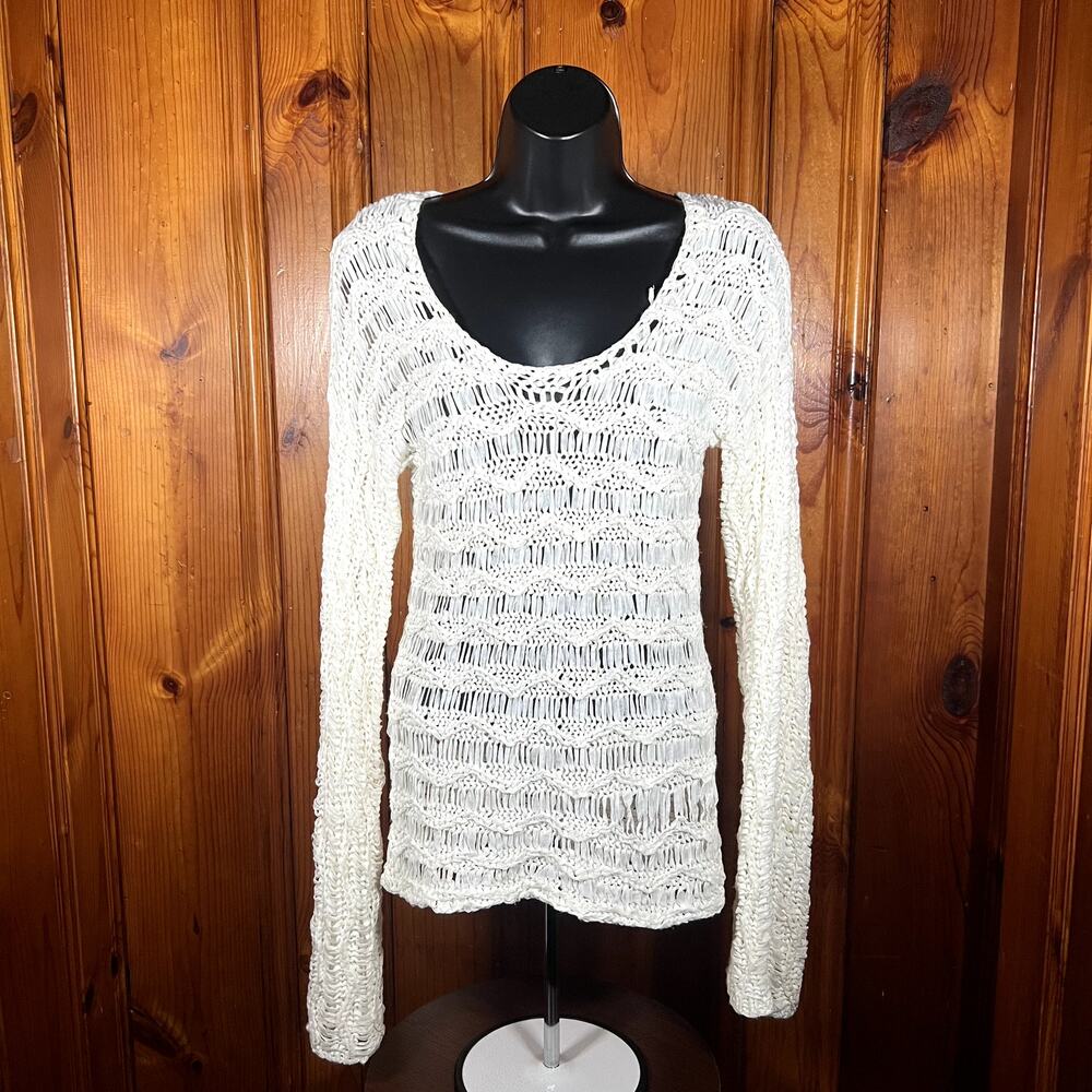 White House Black Market S Boho Open Knit Sweater Beige Bell Y2K